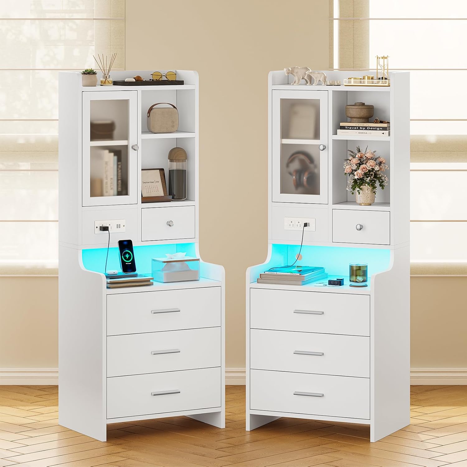 Tall Night Stand with Charging Station and LED Lights,49.2