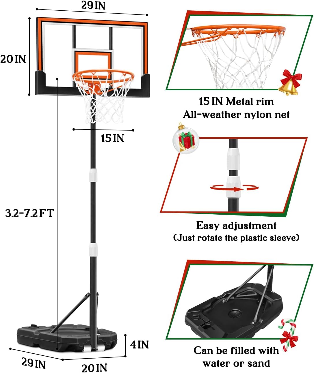 Kids Basketball Hoop Outdoor 3.2-7.2ft Adjustable, Portable Basketball Hoop & Goals for Kids/Teens/Youth in Pool/Backyard/Driveway/Indoor, 29 Inch Shatterproof Backboard and Enlarged Base