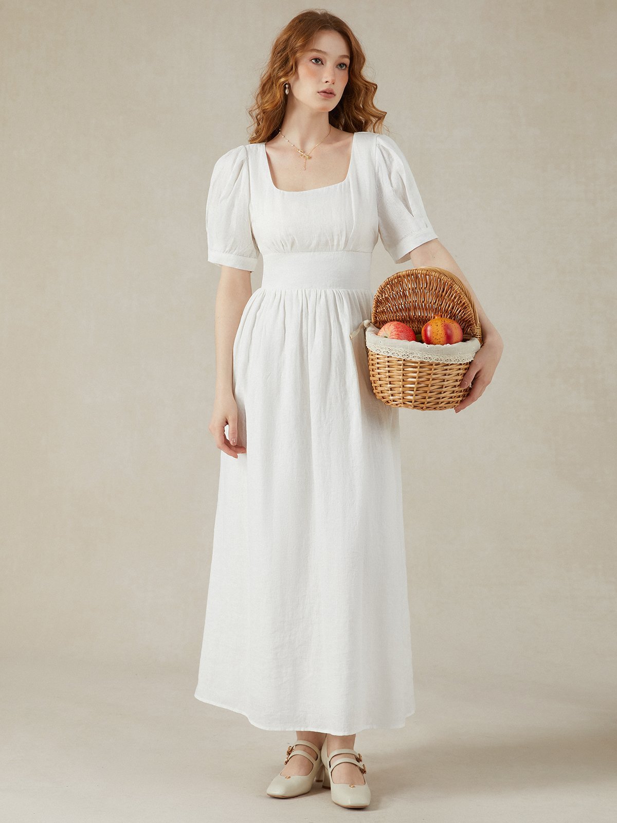 Linen Maxi Dress, Puff Sleeve, Short Sleeve, Square Neck, Vintage Dress, Linen, White