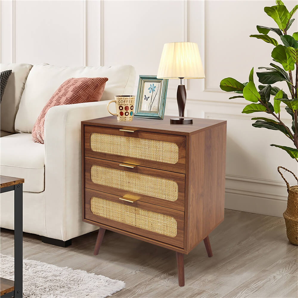 Rattan Nightstand Dresser Table with 3 Drawers
