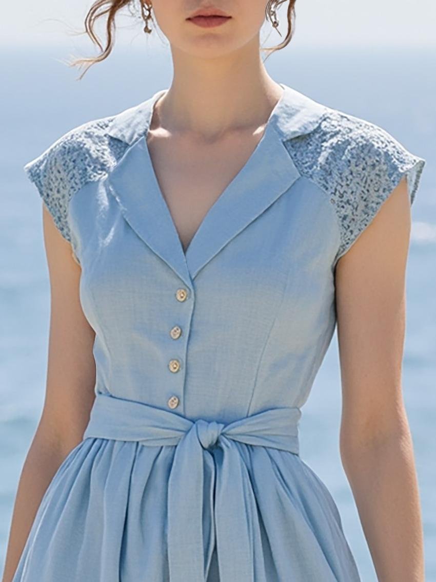 Maxi Linen Dress , Cap Sleeves, Shawl Collar, Plain, Lace, Vintage, Blue