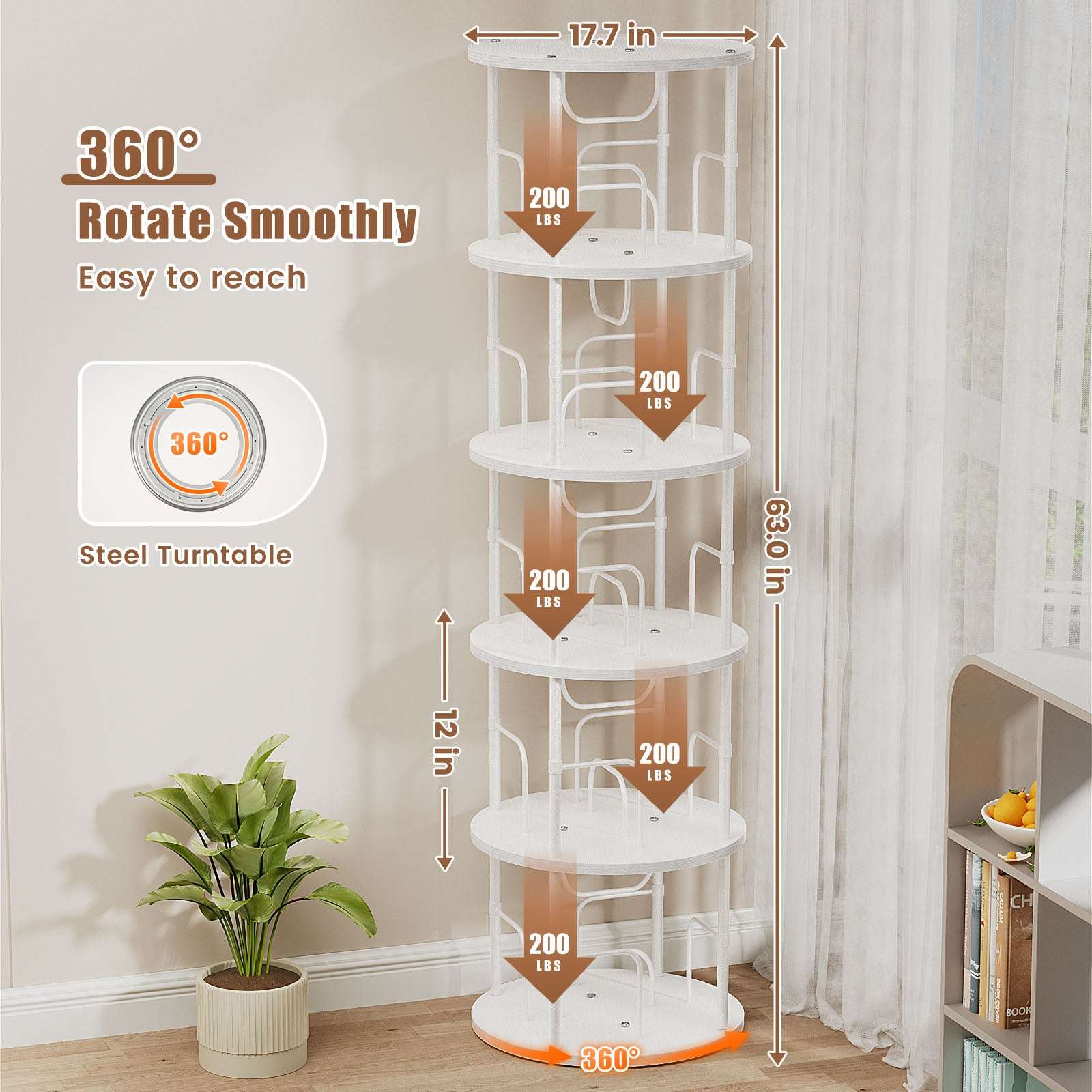 3-5 Tier Rotating Bookshelf With 360° Spinning Display
