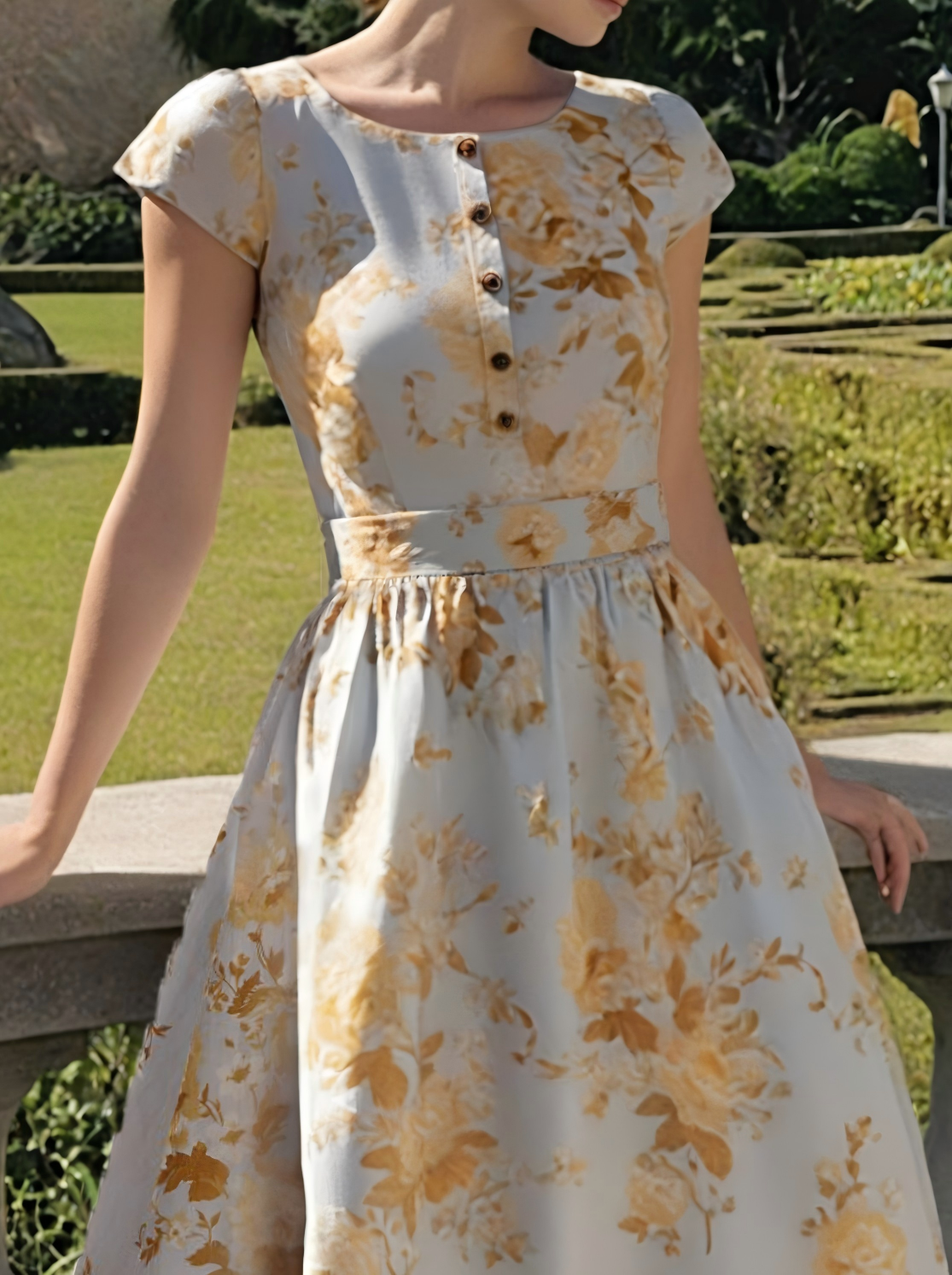 Maxi Linen Dress , Short Sleeves, Round Neck, Floral, Button Design, Vintage, Yellow