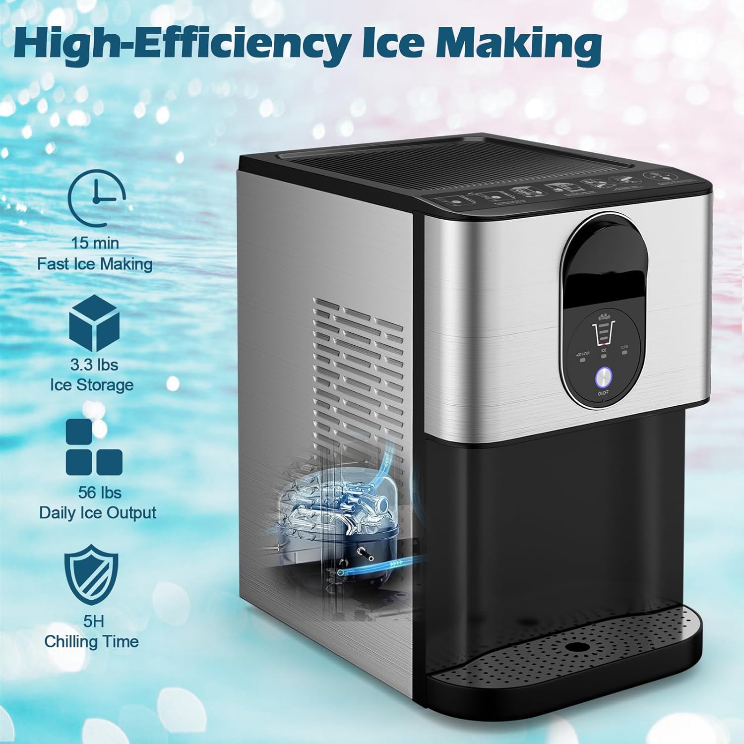 Nugget Ice Maker Countertop, 56 lbs/24 H Pepple Chewable Ice Making Machine w/Self-Cleaning System, Self-Dispensing Pellet Ice Machine w/ 0.63 gal Water Tank for Home & Kitchen