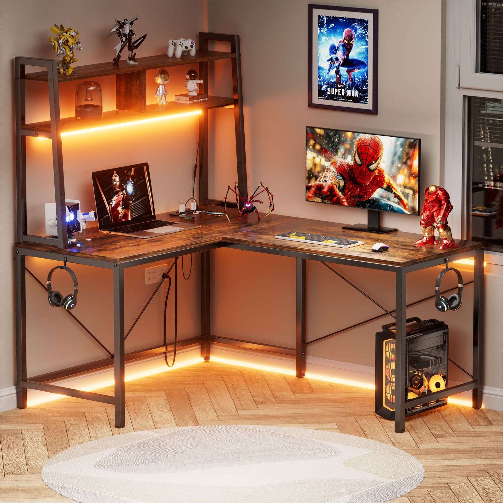 L-Shaped Gaming Desk With Led Lights & Power Outlets