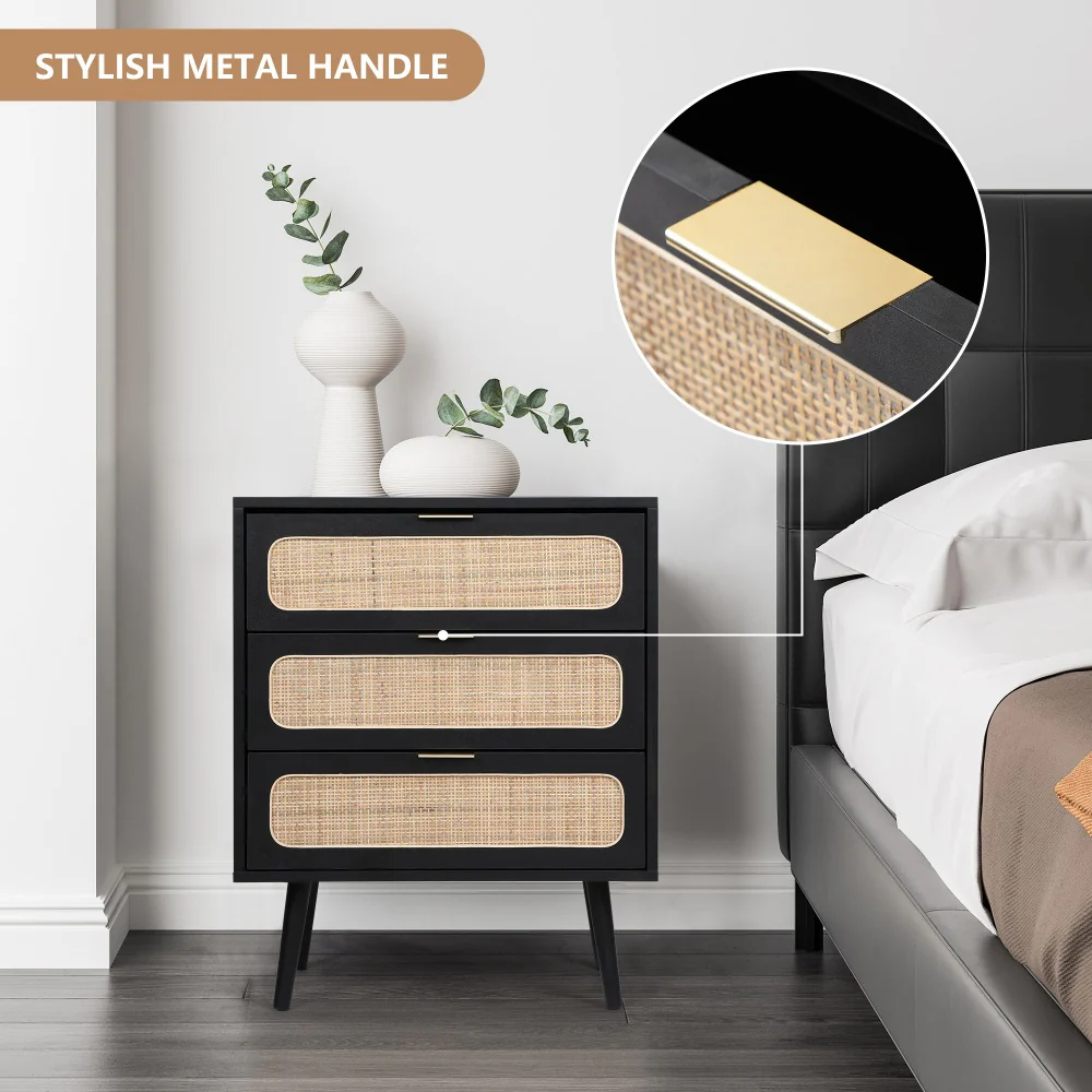 Rattan Nightstand Dresser Table with 3 Drawers