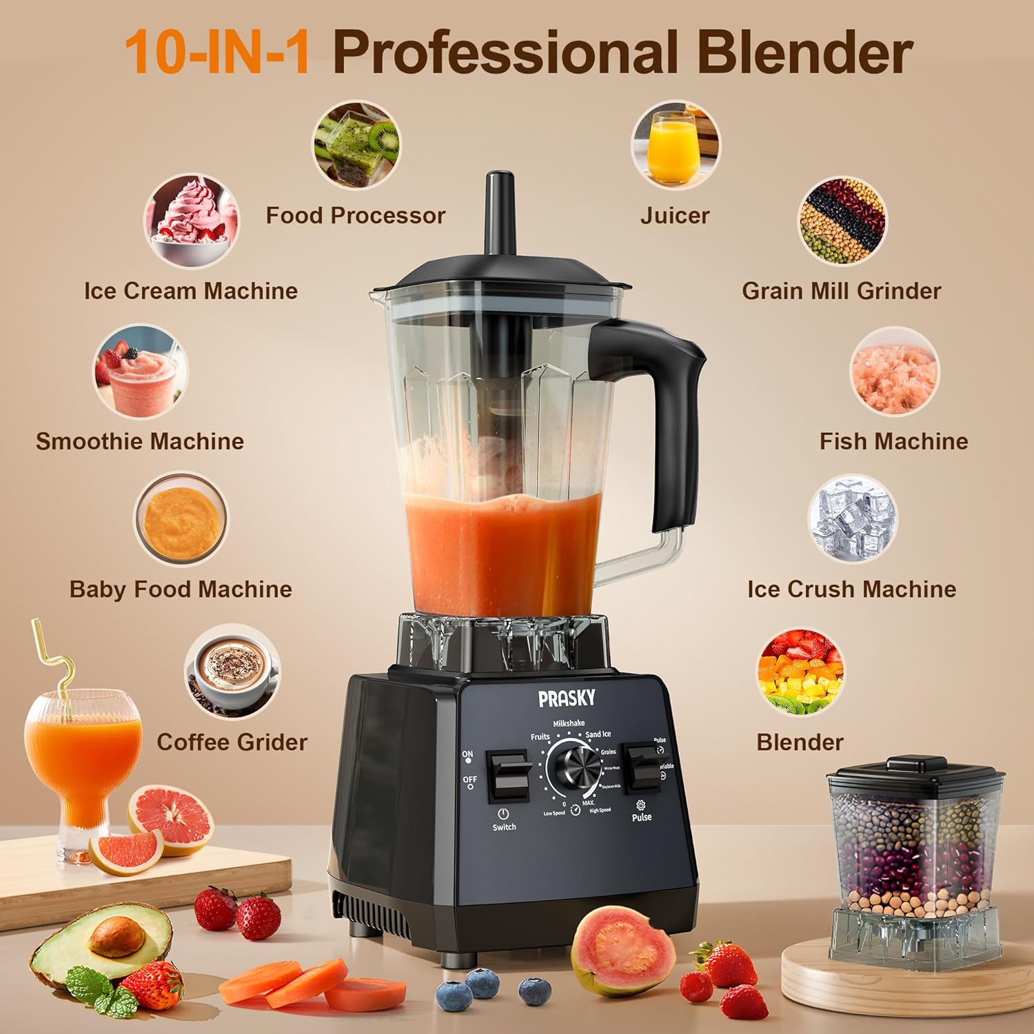 Professional Blender,Smoothies Blenders, Max.2400Watts/1000Watts Blender and Grinder Combo 25000RPM Powerful Kitchen 68oz BPA Free 2 Containers Countertop Blenders Ice Crushing, Juice
