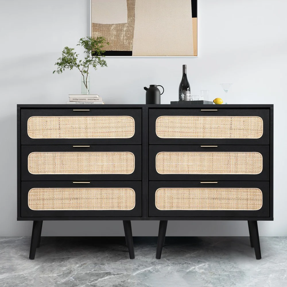 Rattan Nightstand Dresser Table with 3 Drawers