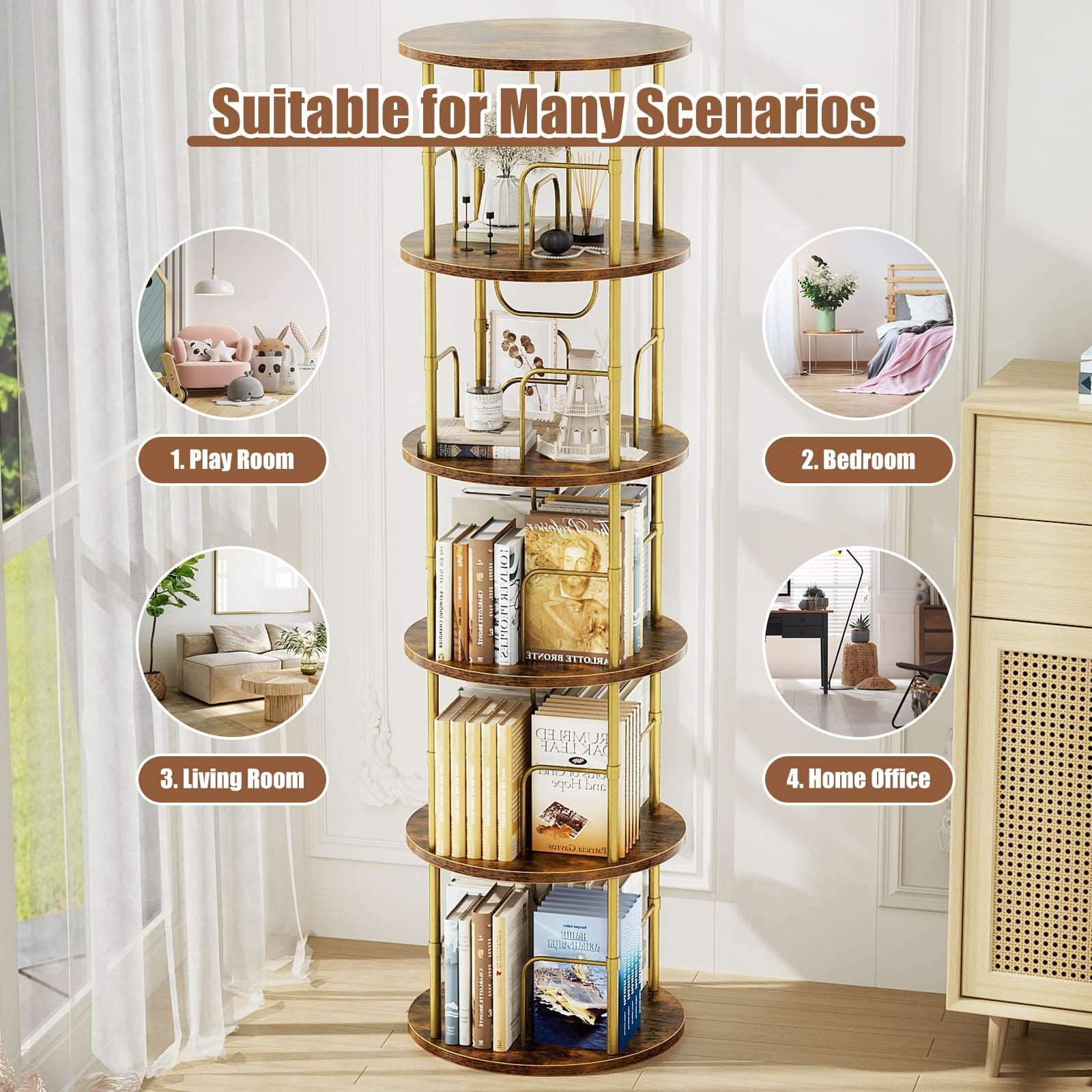 3-5 Tier Rotating Bookshelf With 360° Spinning Display