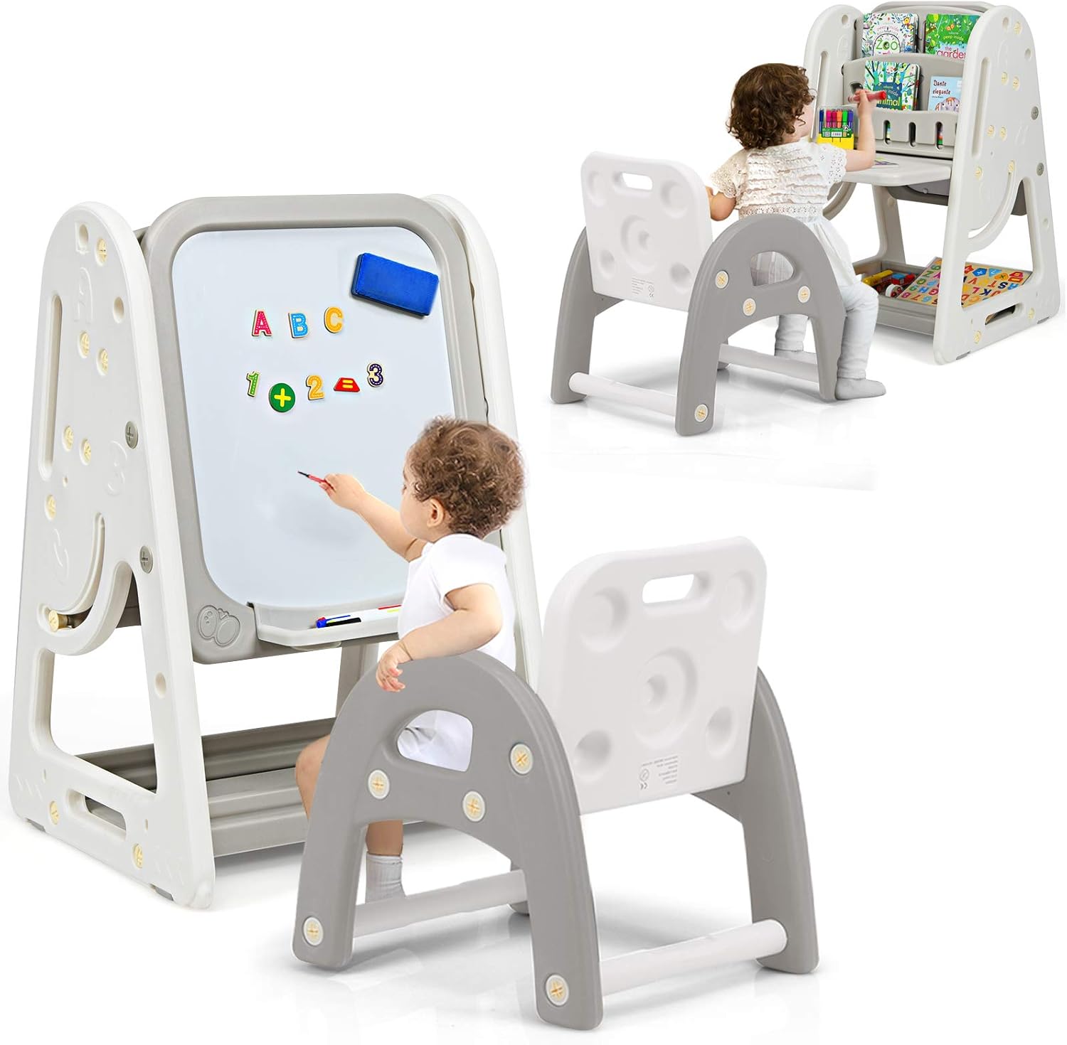 Kids Art Easel with Stool, 3 in 1 Double-Sided Magnetic Dry Erase Board and Kids Book Rack with Foldable Desktop, Adjustable Standing Easel with Letters and Number Magnets