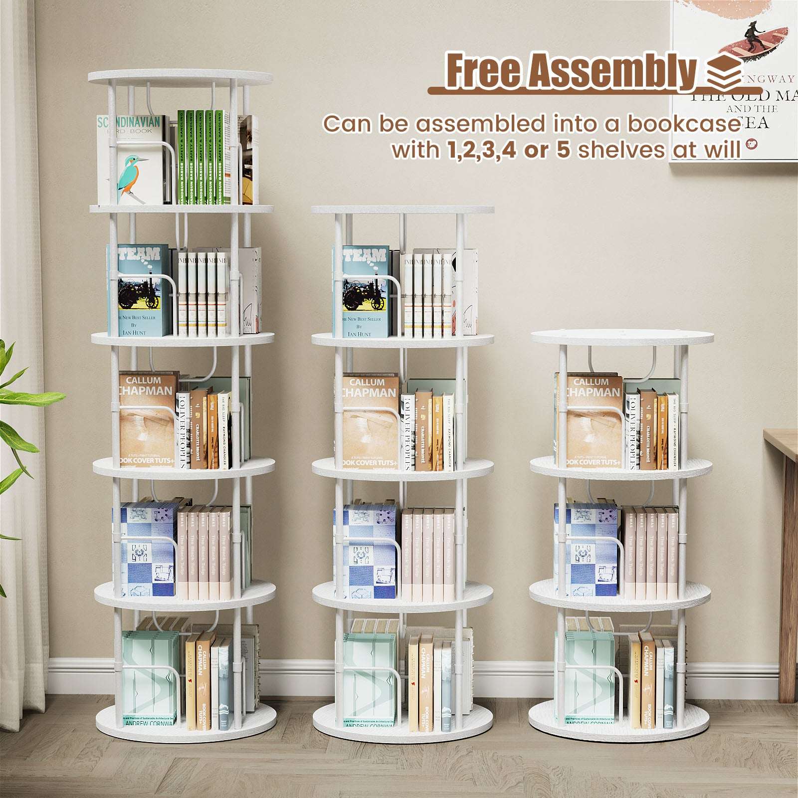 3-5 Tier Rotating Bookshelf With 360° Spinning Display