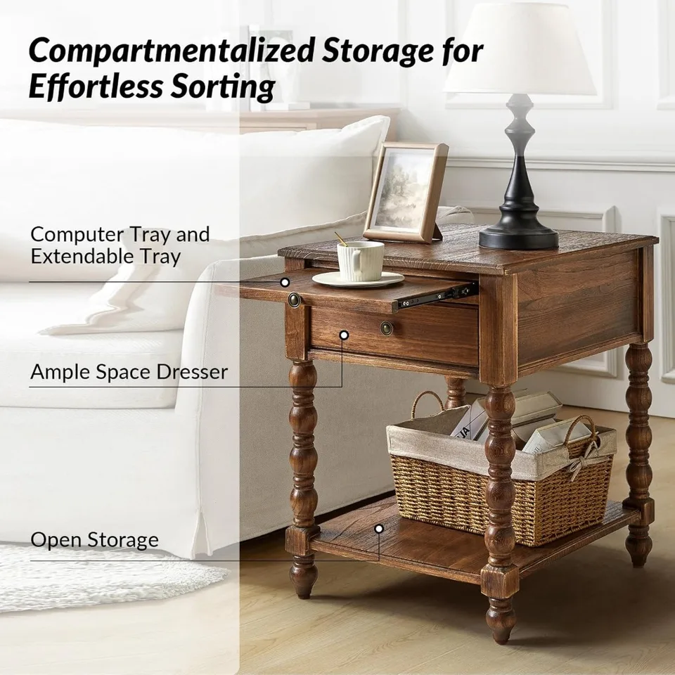 Farmhouse End Table with Charging Station, Solid Wood Nightstand with Drawer Shelf, Side Table with Pull-Out Shelf (Walnut)