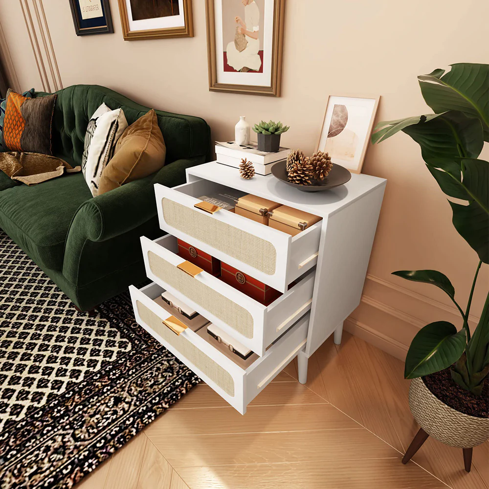 Rattan Nightstand Dresser Table with 3 Drawers