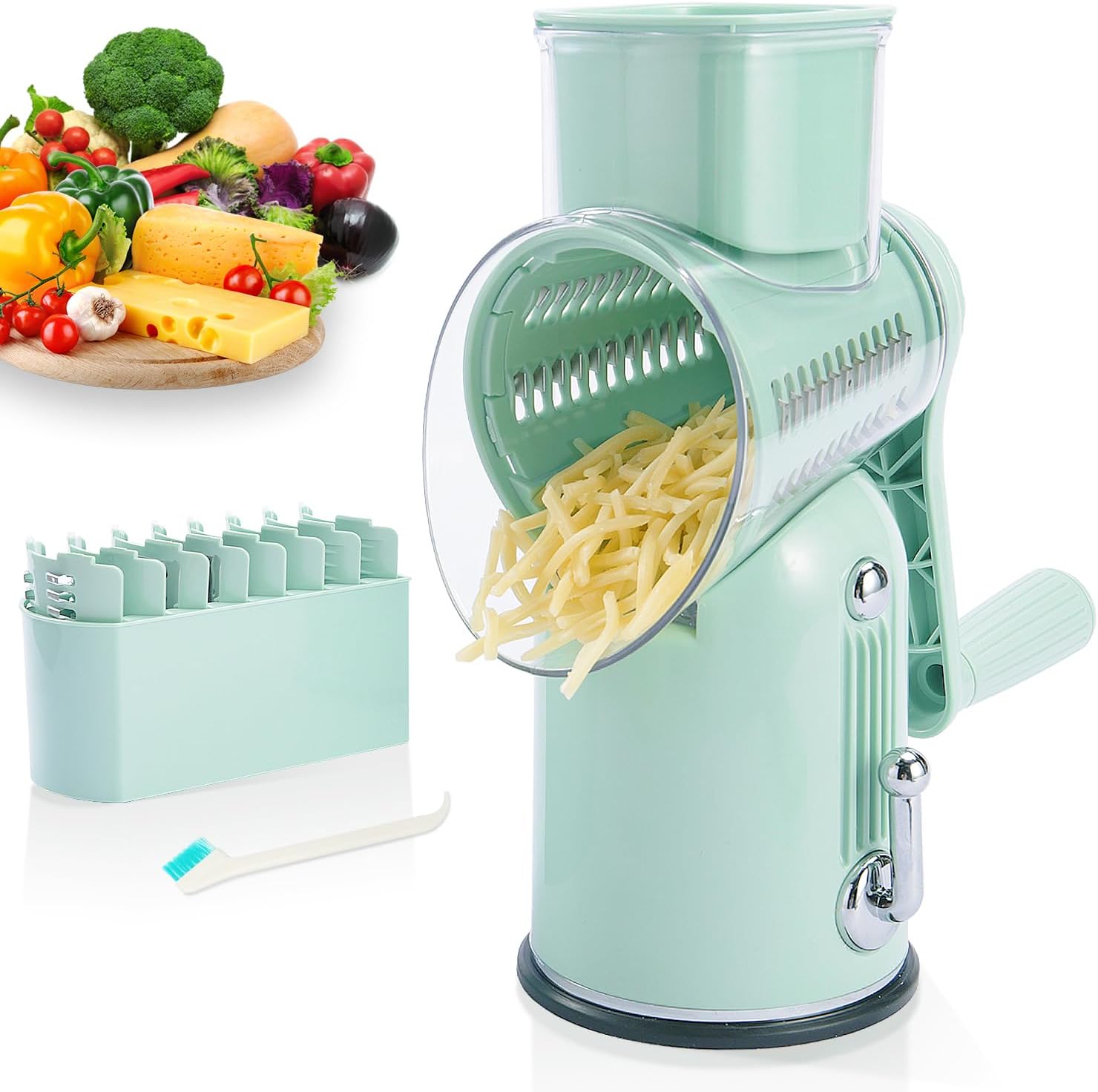 Manual Rotary Cheese Grater with Handle, 5 in 1 Replaceable Stainless Blades Cheese Shredder,Strong Suction Base Vegetable Slicer with Cleaning Brush & Bonus Storage Box for Blades