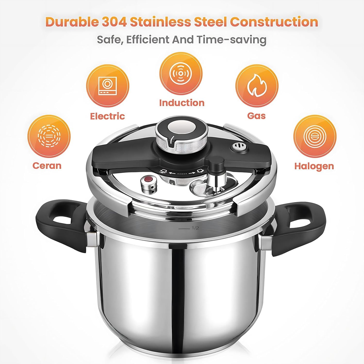 3-Ply Stainless Steel Pressure Cooker, 4-Quart Kitchen Pressure Cooker, 304 Stainless Steel Cookware, Works on All Cooktops including Induction, silver