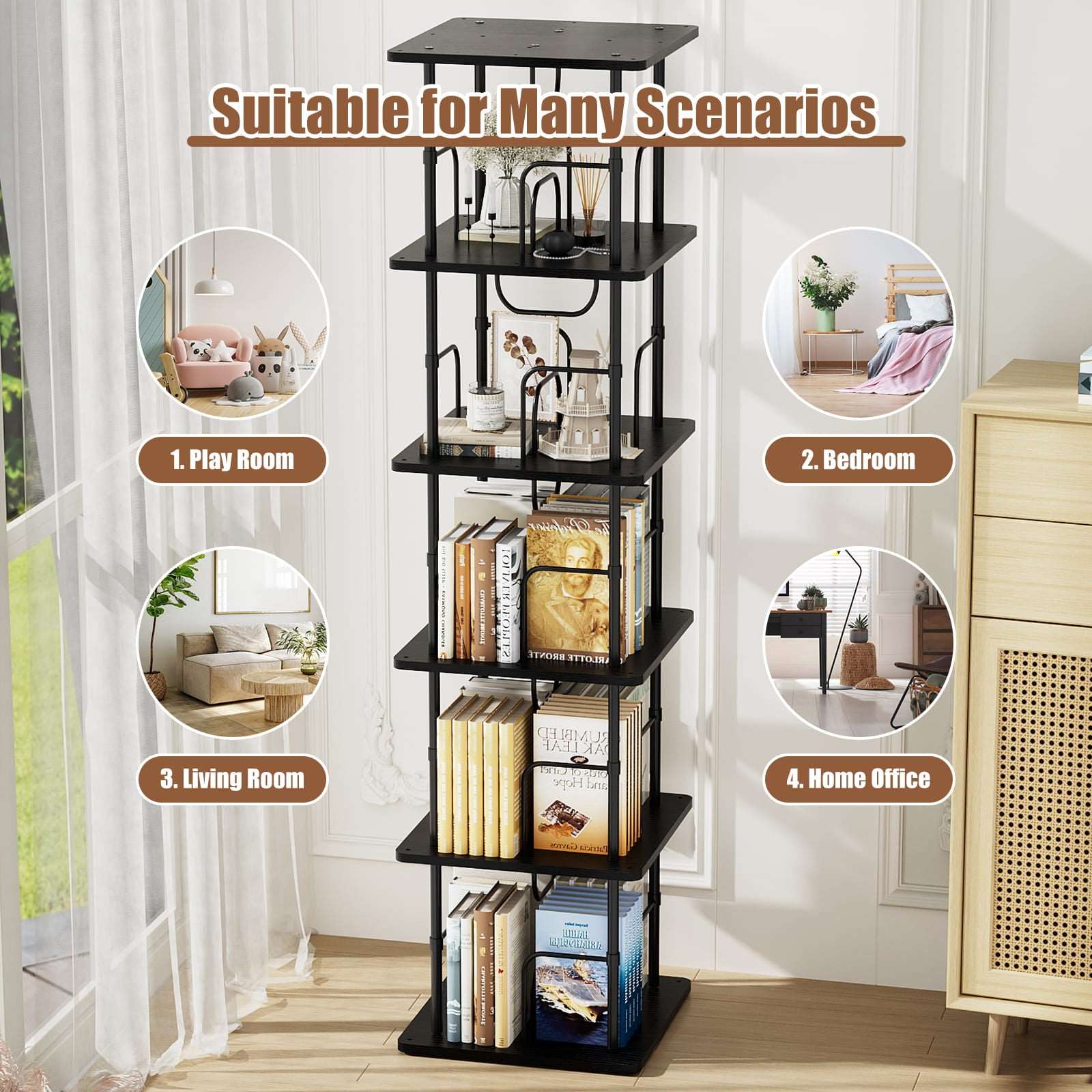 3-5 Tier Rotating Bookshelf With 360° Spinning Display