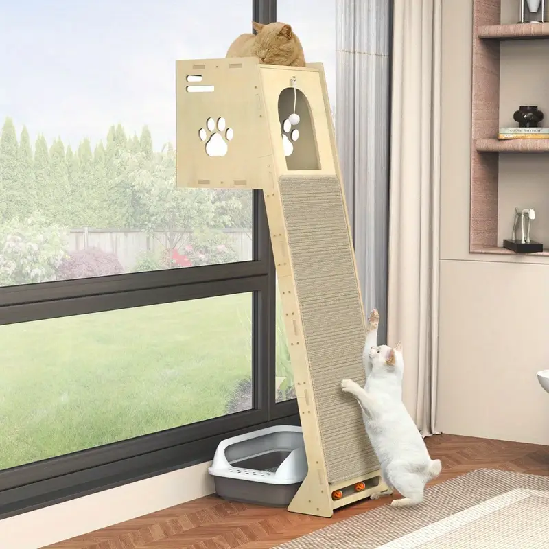 🐱3-in-1 Wooden Cat Apartment - Cat Observation Tower, Climbing Pole, Scratching Board