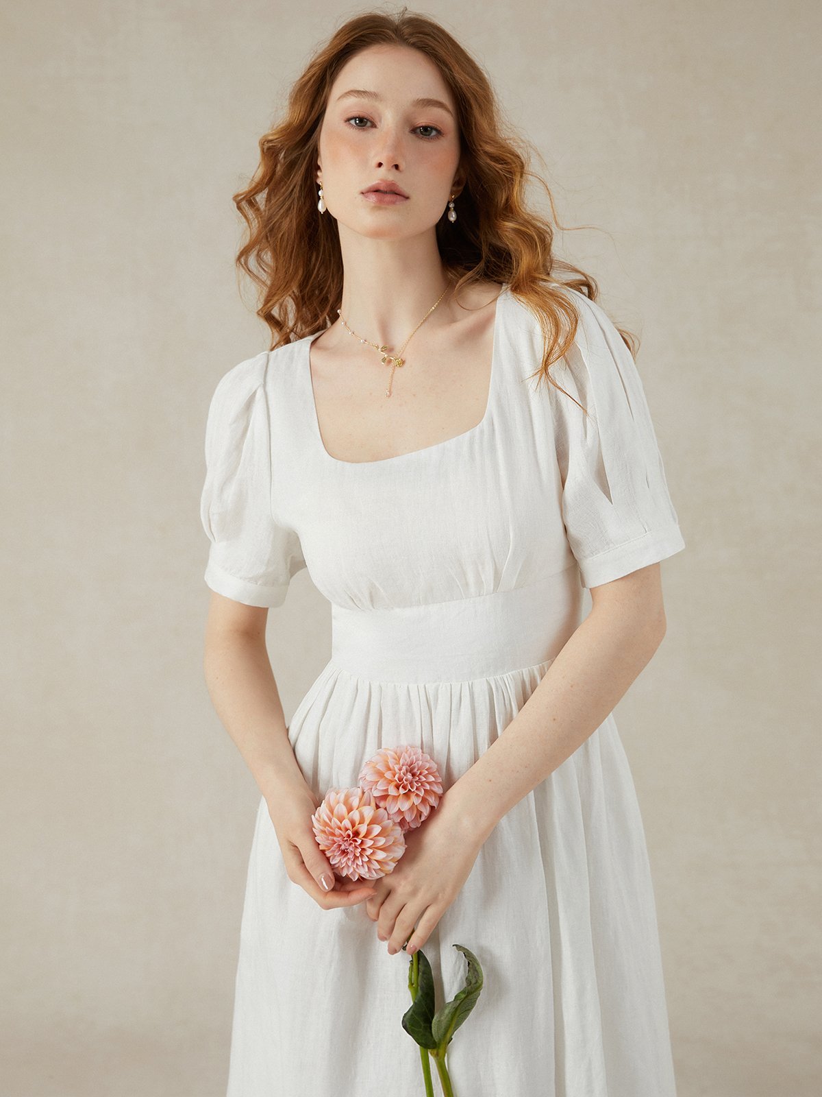 Linen Maxi Dress, Puff Sleeve, Short Sleeve, Square Neck, Vintage Dress, Linen, White