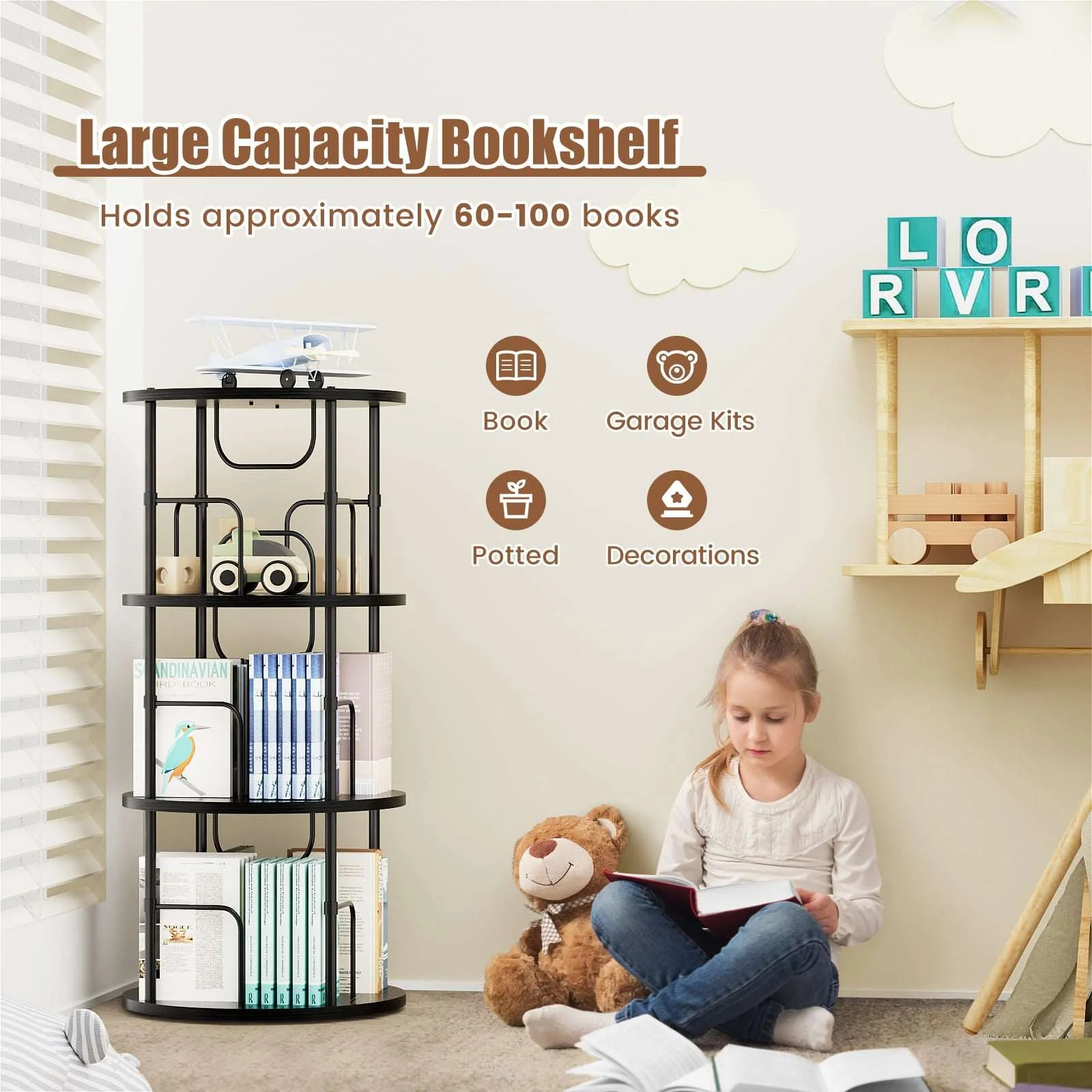 3-5 Tier Rotating Bookshelf With 360° Spinning Display