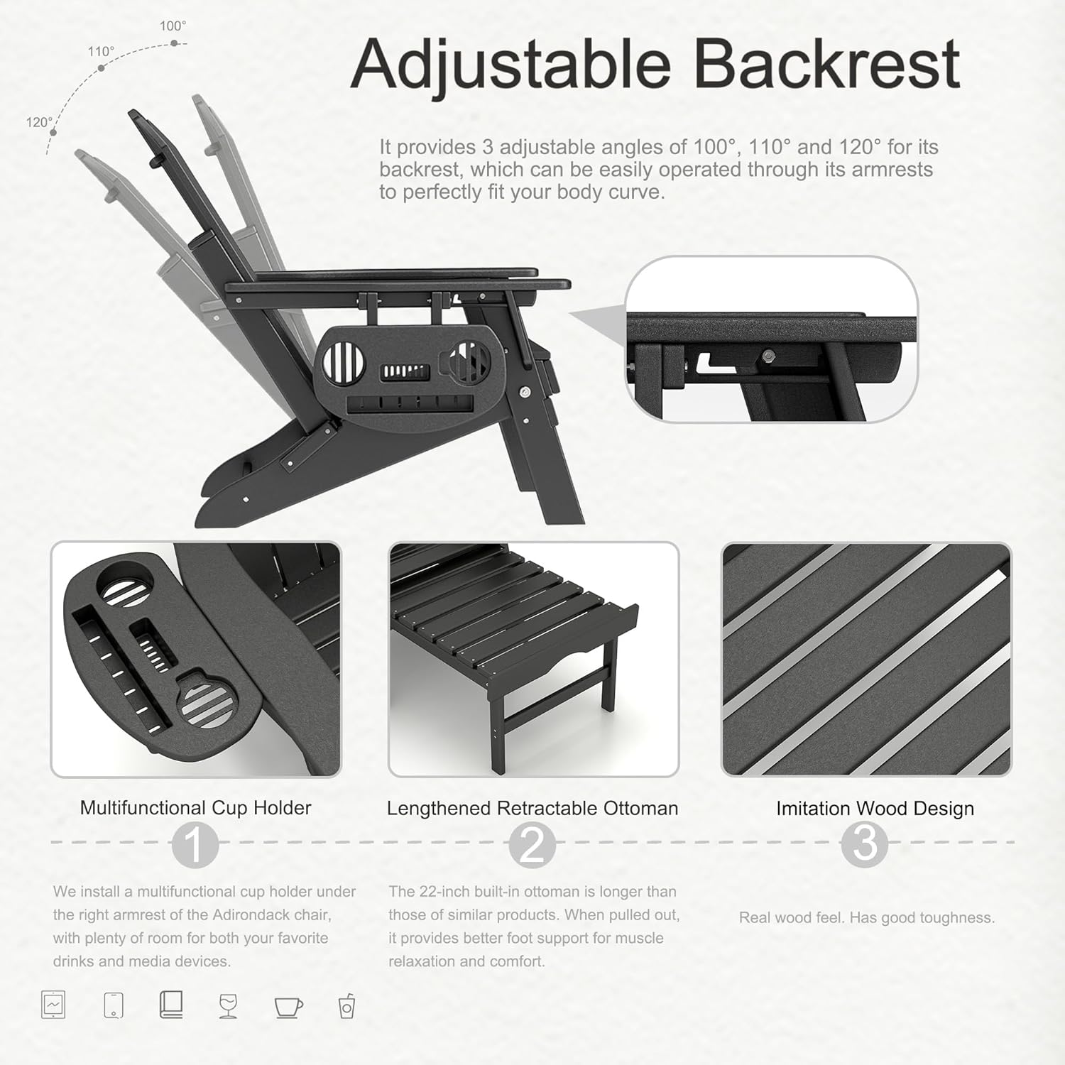 Adjustable Adirondack Chair with Retractable Footrest