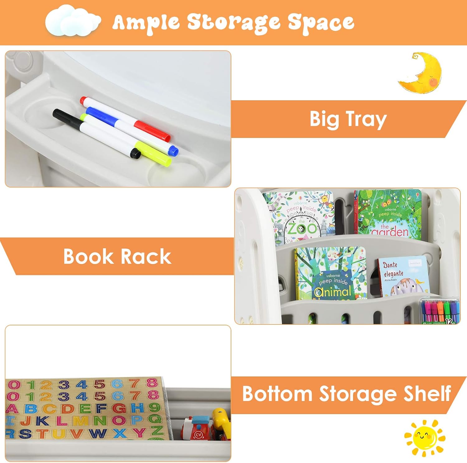 Kids Art Easel with Stool, 3 in 1 Double-Sided Magnetic Dry Erase Board and Kids Book Rack with Foldable Desktop, Adjustable Standing Easel with Letters and Number Magnets