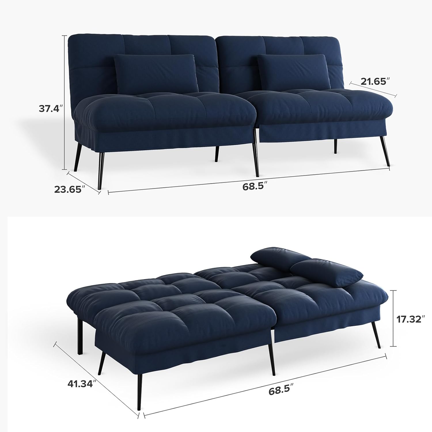 Convertible Futon Sofa Bed, 68″Fabric Futons Couch with Adjustable Backrest, Folding Sleeper Recliner for Living Room Furniture