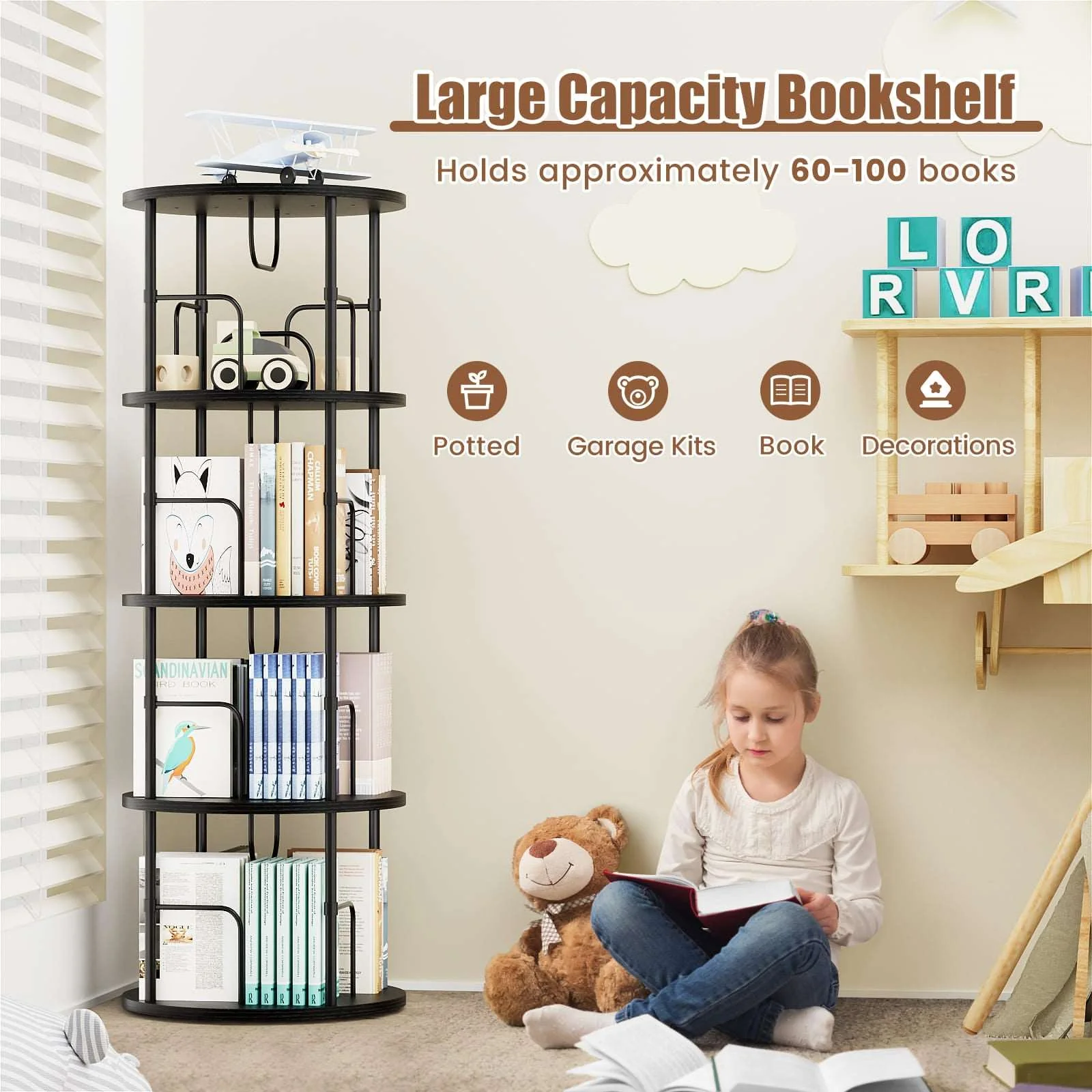3-5 Tier Rotating Bookshelf With 360° Spinning Display