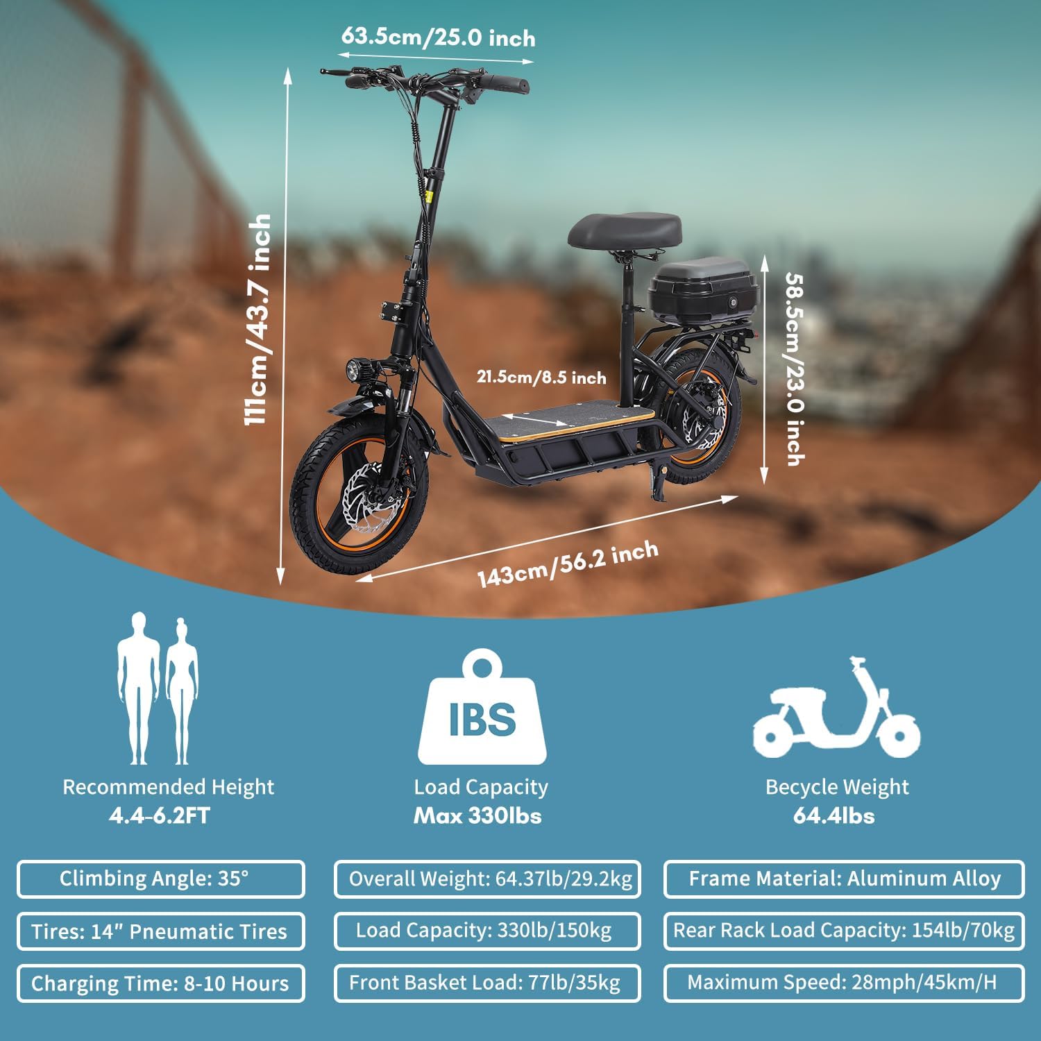 1200W Electric Scooter, with APP, 1200W 48V 13A/18A, 34 /37Miles Range, 34mph, Commuter Electric Scooter with Seat, 440lbs Max Load