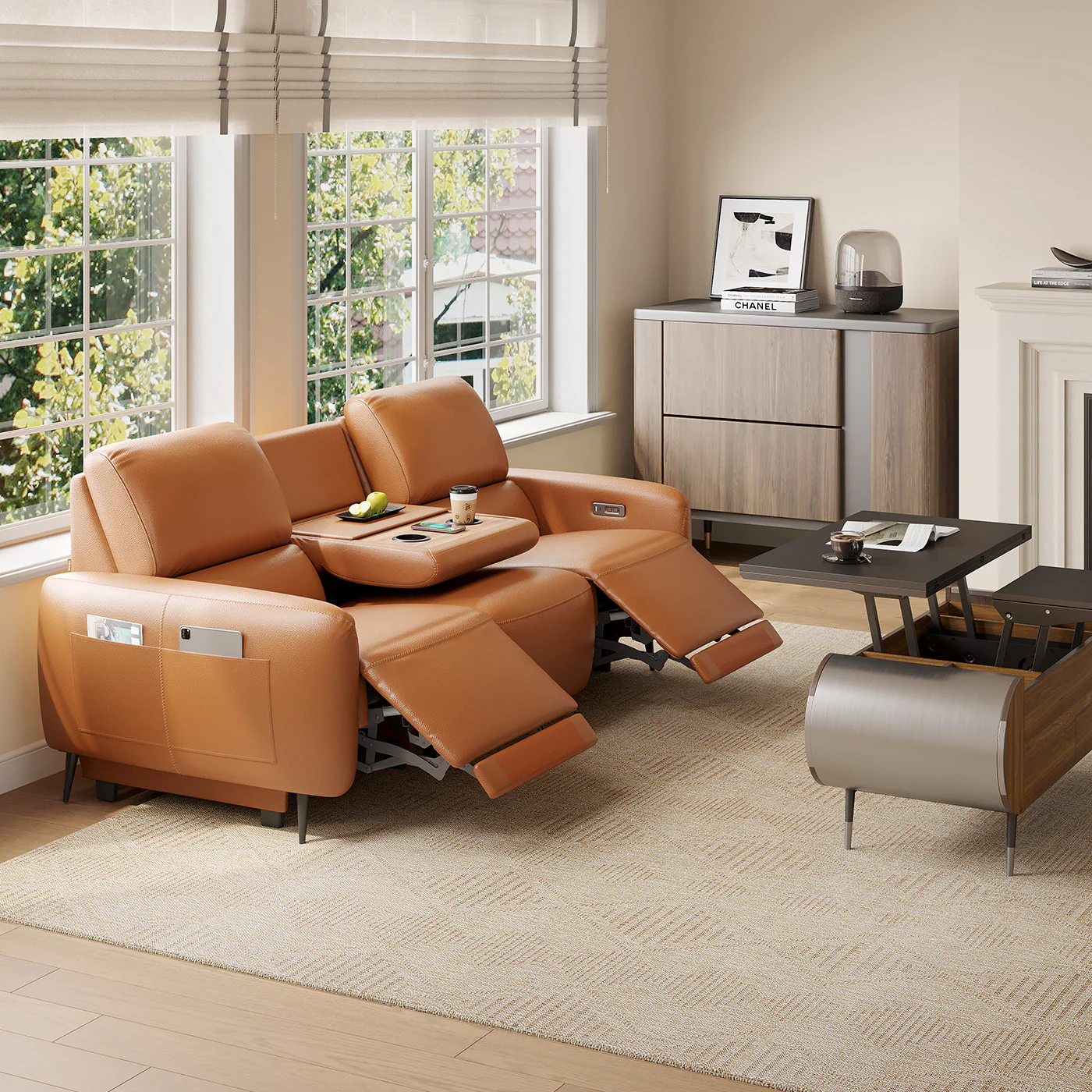 AeroStretch 3 Seater Power Zero Wall Recliner Sofa with Drop Down Table Tray