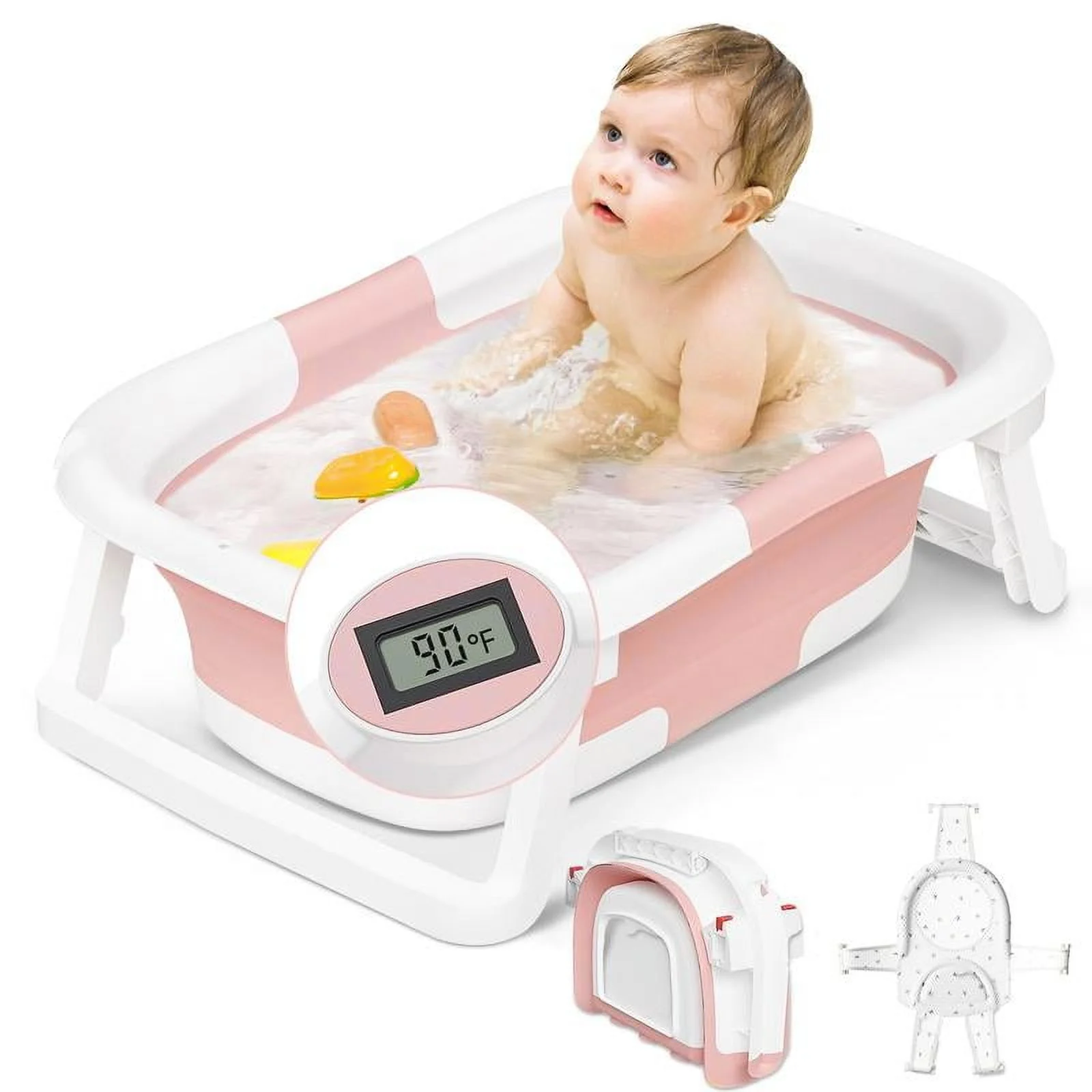 Collapsible Baby Bathtub with Real-Time Temp Monitor, Floating Cushion, Foldable Baby Bath Tub Set for Newborns & Toddlers