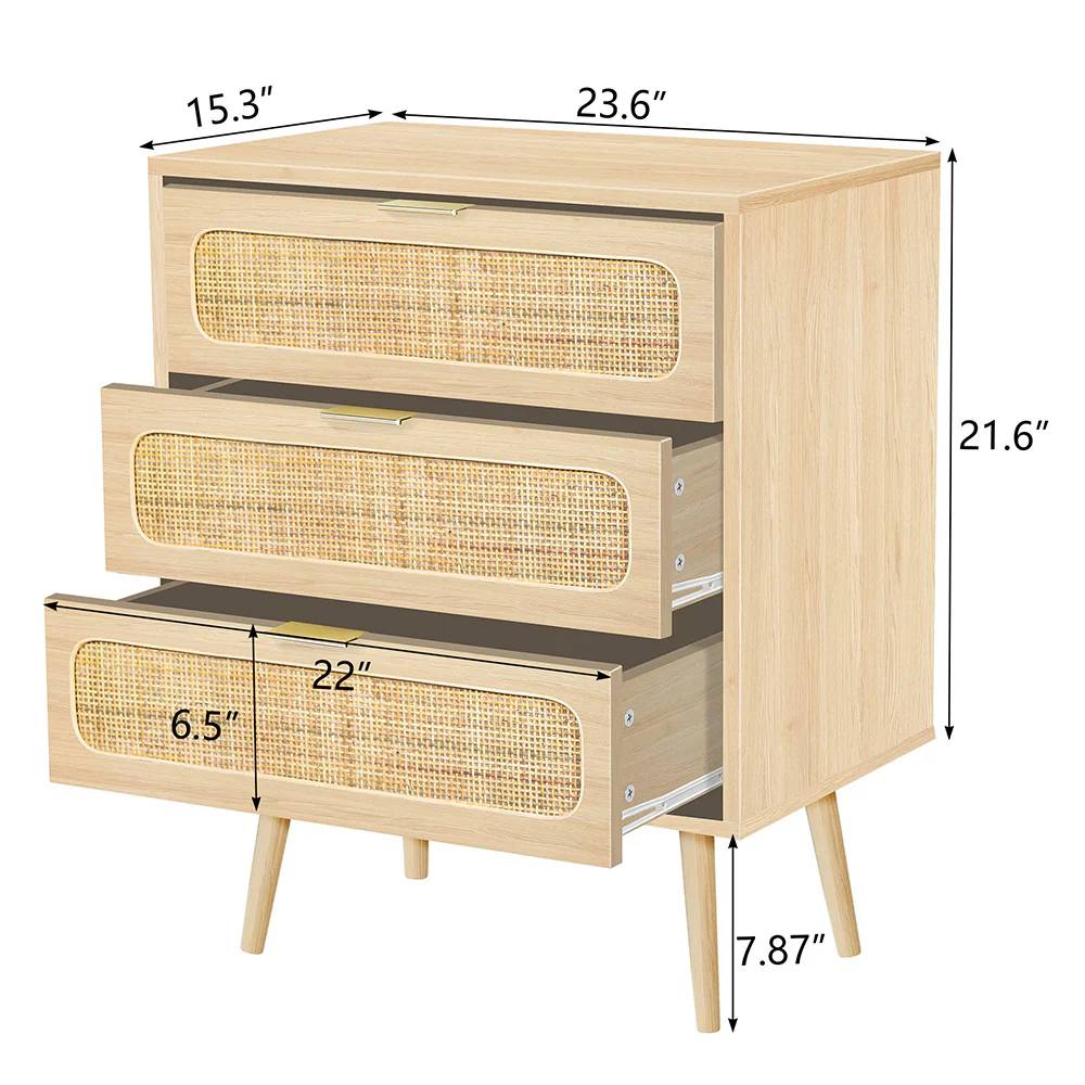 Rattan Nightstand Dresser Table with 3 Drawers