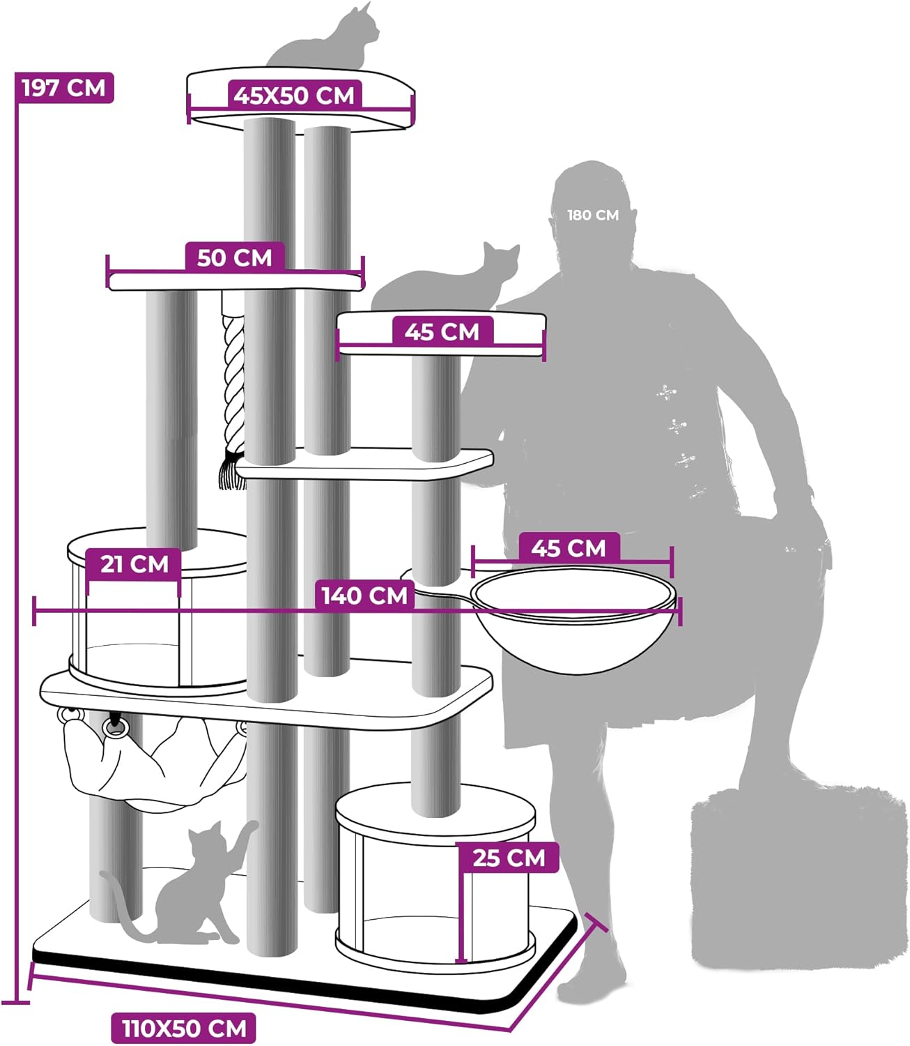 Petrebels Cat Tree Maine Coon Scenic View 197cm Cappuccino with XL Hammocks Sisal Rope and Spacious Sofas for Large Cats