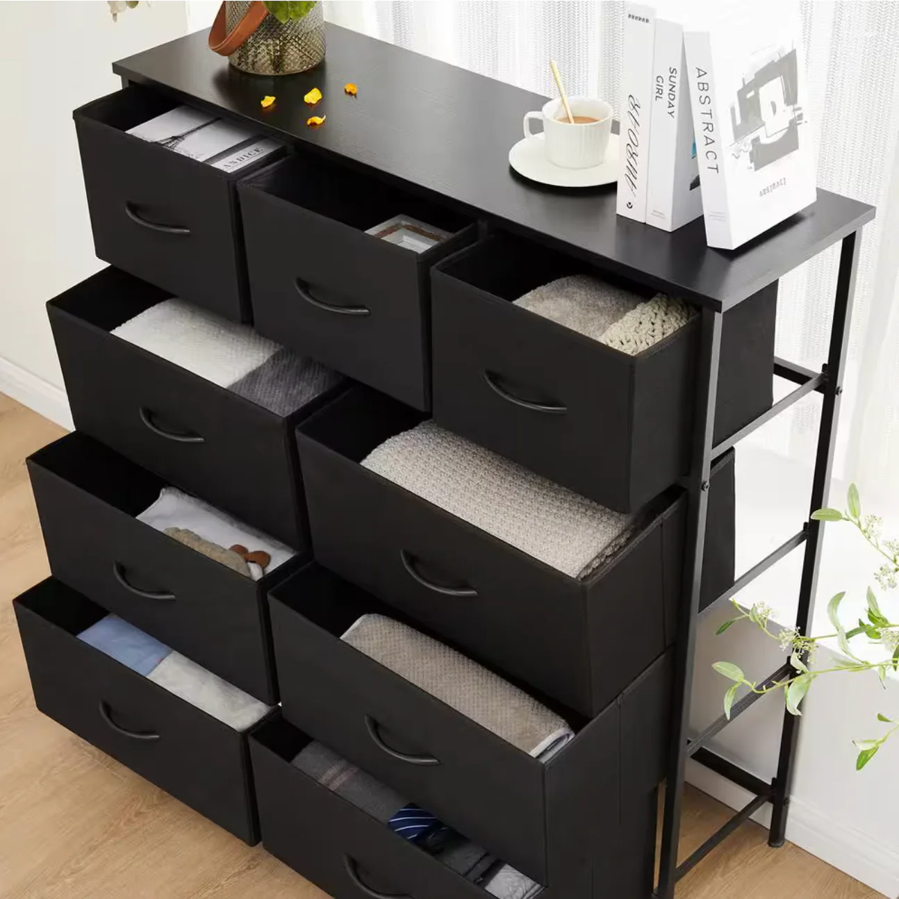 Drawers Dresser for Bedroom, Kidsroom Furniture, Tall Chest Tower, Storage Organizer Units for Clothing, Closet, Fabric Bins, Wood Top, Steel Frame, Lightweight, Assemble Tools Include